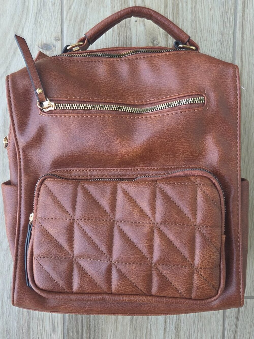 Cognac Quilted Vegan Leather Convertible Backpack Purse